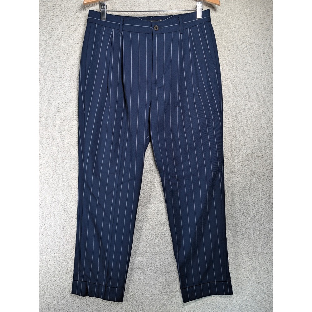 Lauren Ralph Lauren Womens Trousers Pinstripe Pleated Wool Navy Blue 8 Fit 32x28